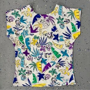 Vintage 80s Reversible Jacquard Satin Blouse Tropical Floral Caribbean Ladies XS